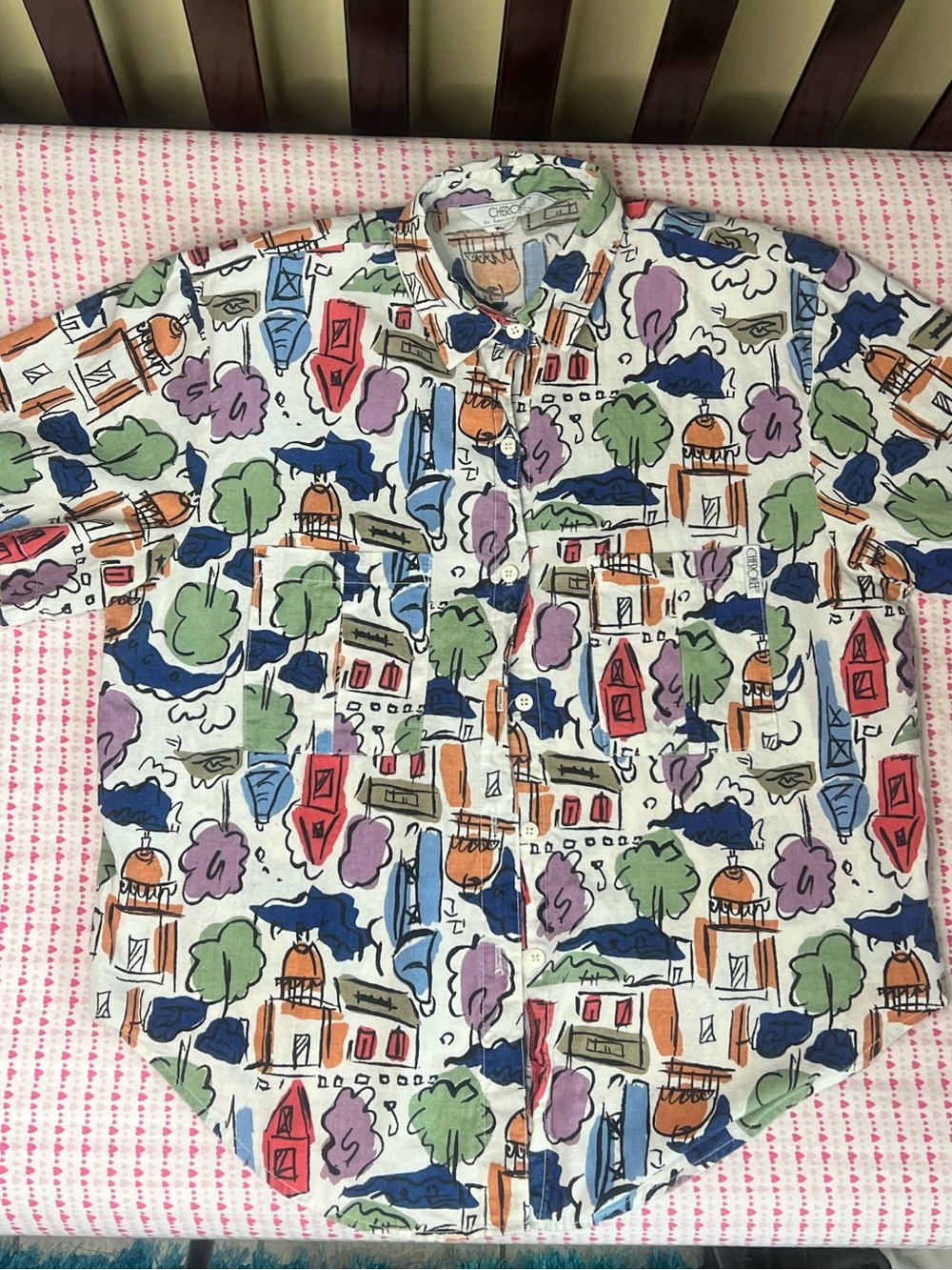 Cherokee Short-Sleeve Button-Down Shirt in White with Multicolor Village Print